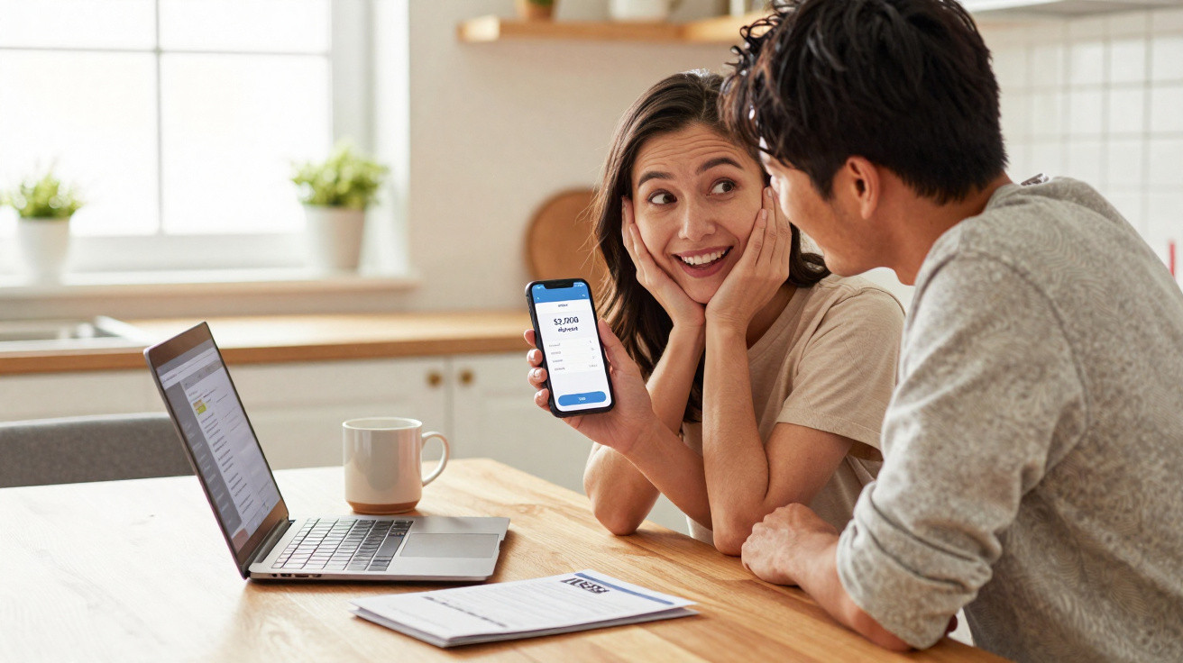 Casal sorridente vê saldo positivo no telemóvel enquanto está à mesa com computador e documentos.