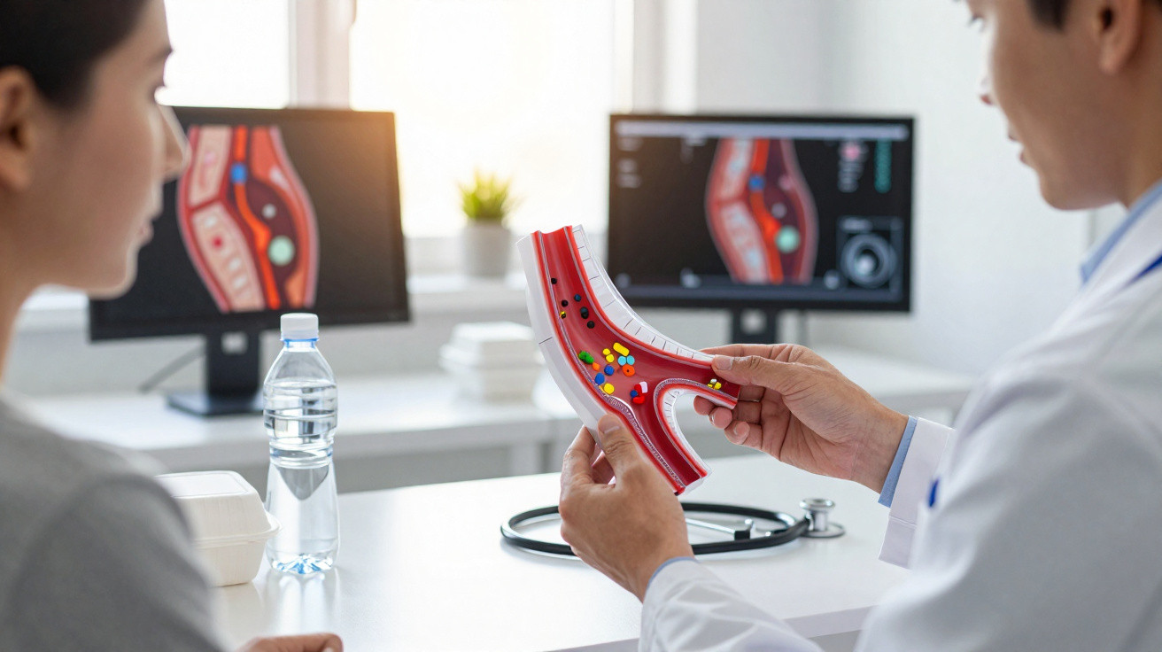 Médico mostra modelo de artéria com placas e colesterol a paciente numa consulta médica.
