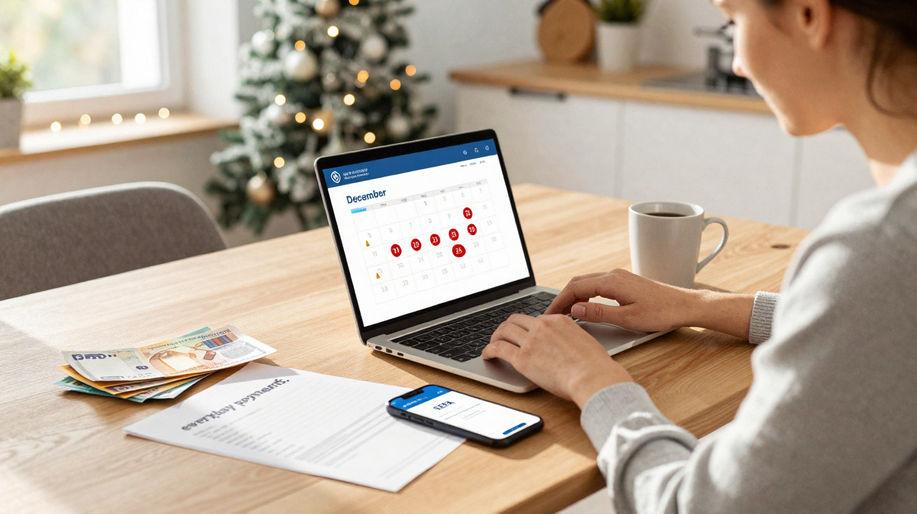 Pessoa a verificar calendário de pagamentos em laptop, com documento, telemóvel e notas na mesa.