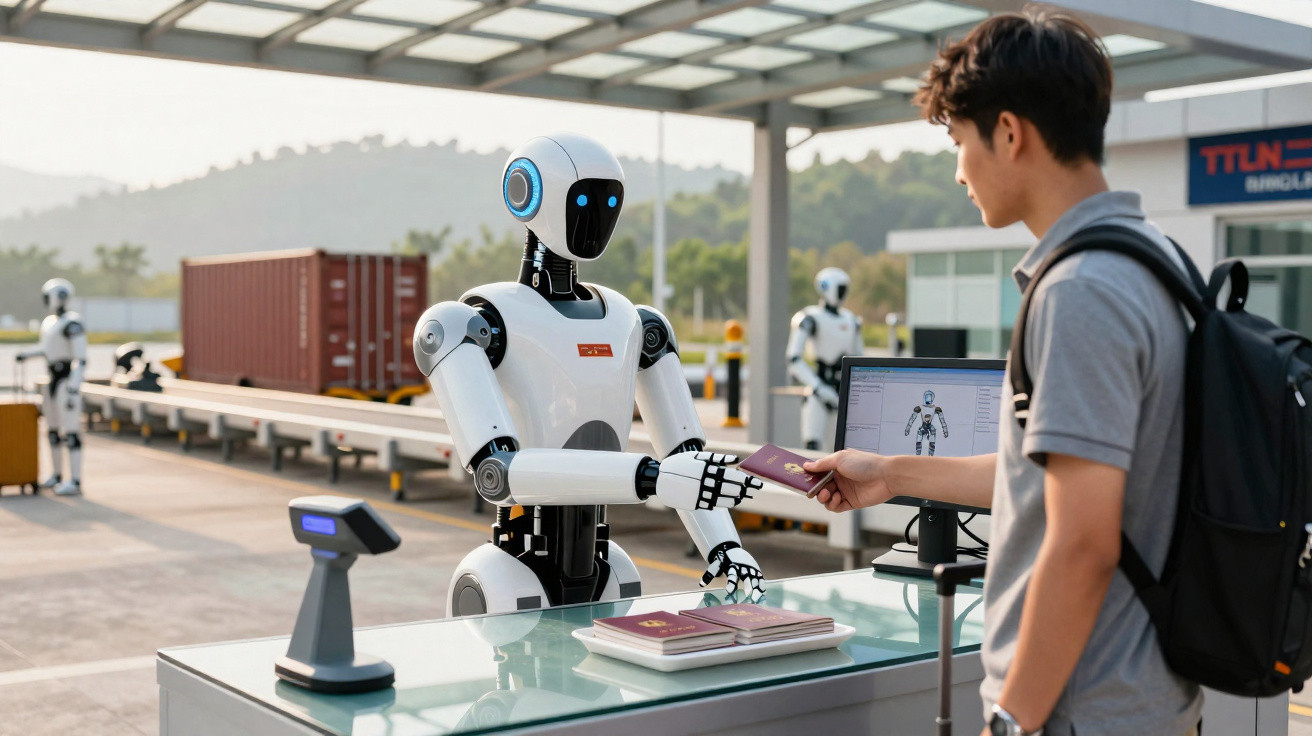 Robot branco com visor azul a verificar passaporte de homem numa estação de controlo com paisagem montanhosa ao fundo.