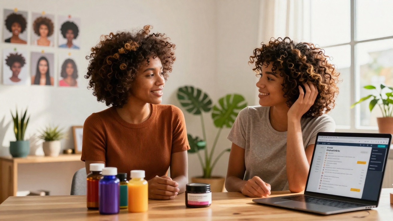 Duas mulheres a conversar à mesa com várias embalagens coloridas e um portátil aberto num ambiente iluminado e acolhedor.