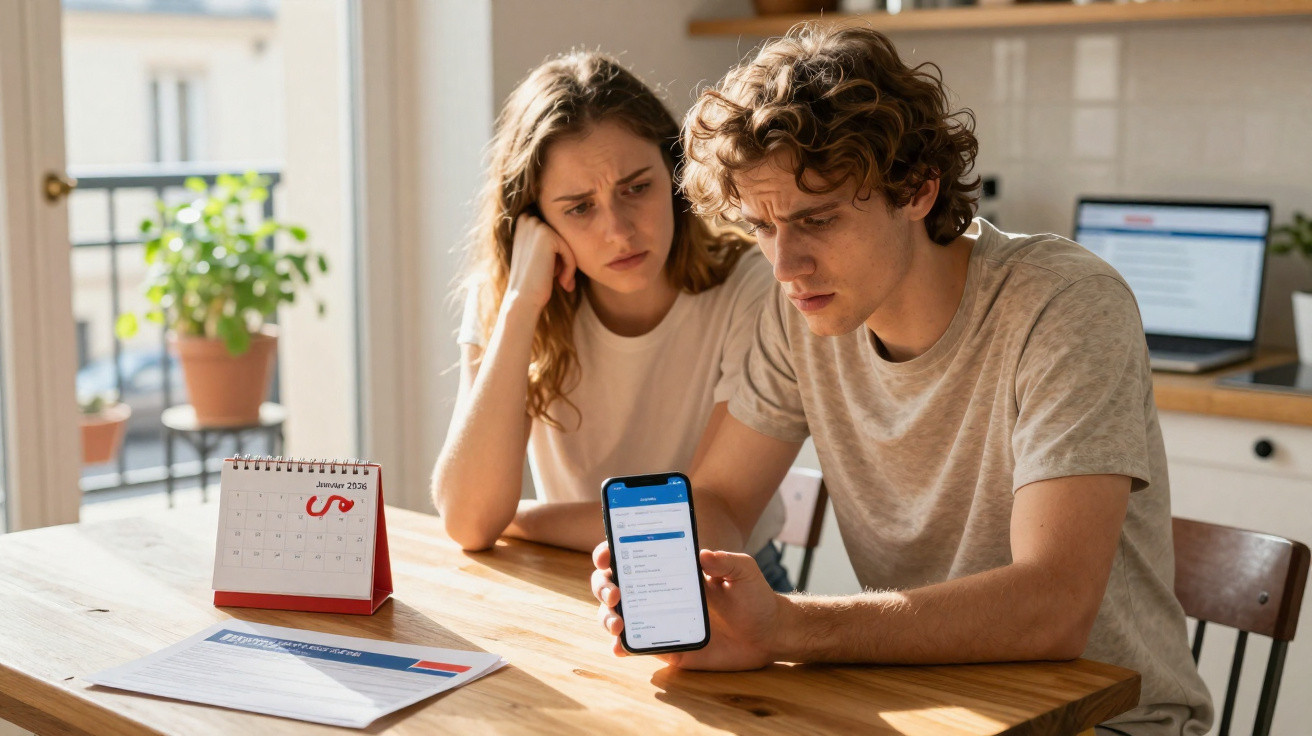 Casal preocupado a consultar informações financeiras no telemóvel junto a mesa com calendário e documentos.
