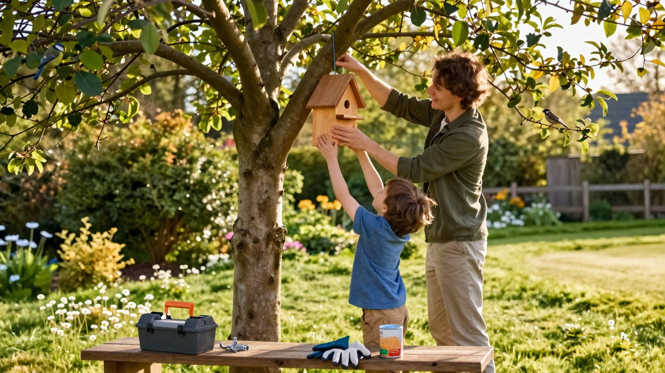 Pai e filho penduram uma casa para pássaros num fruto em jardim iluminado pelo sol.