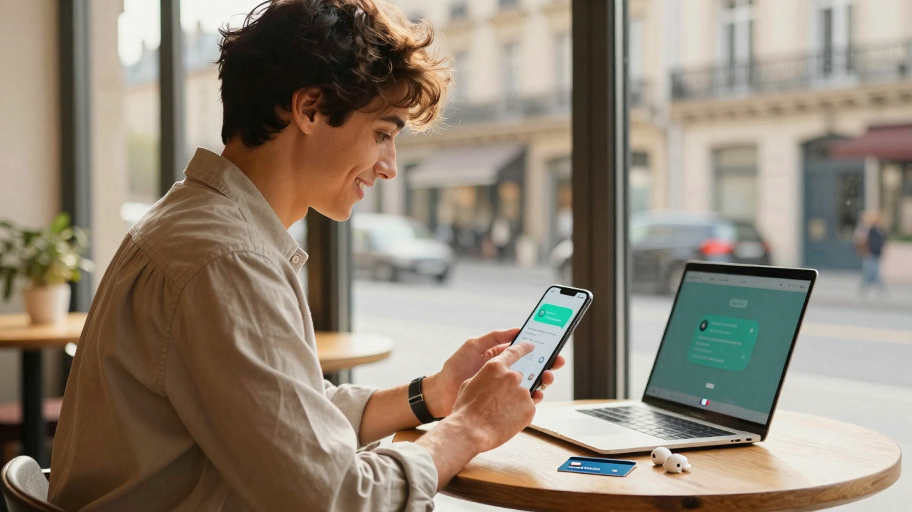 Jovem sentado numa mesa com computador portátil, a usar telemóvel numa cafetaria com vista para a rua.