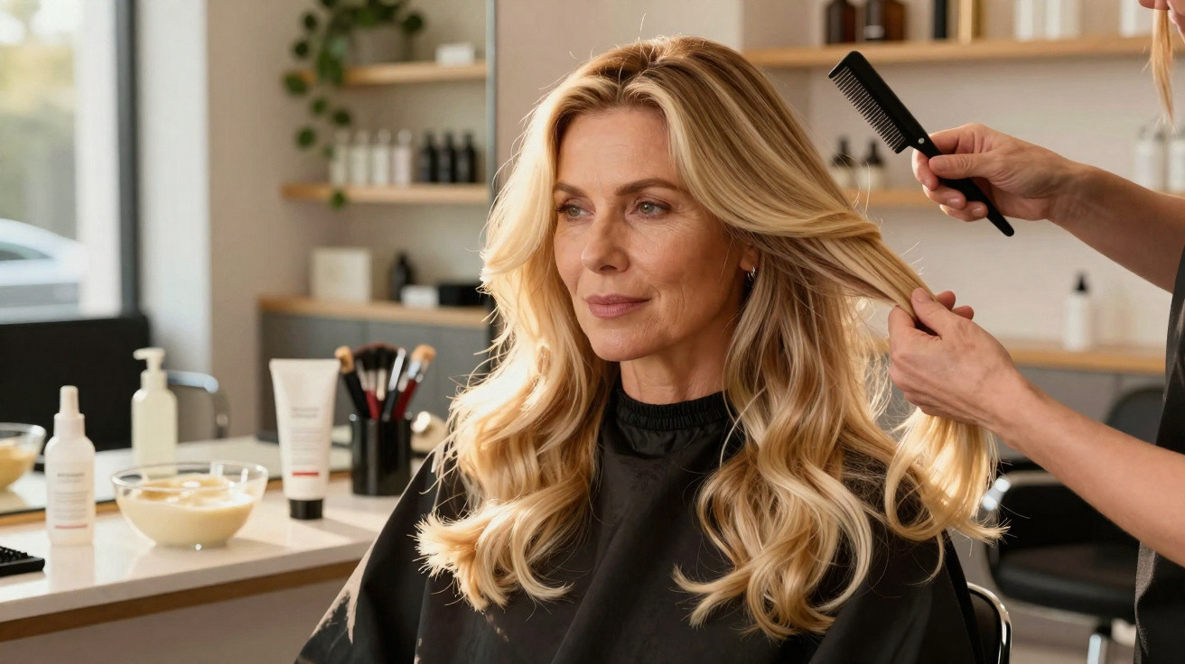 Mulher loira com cabelo ondulado a ser penteada num salão de beleza, com produtos no fundo.