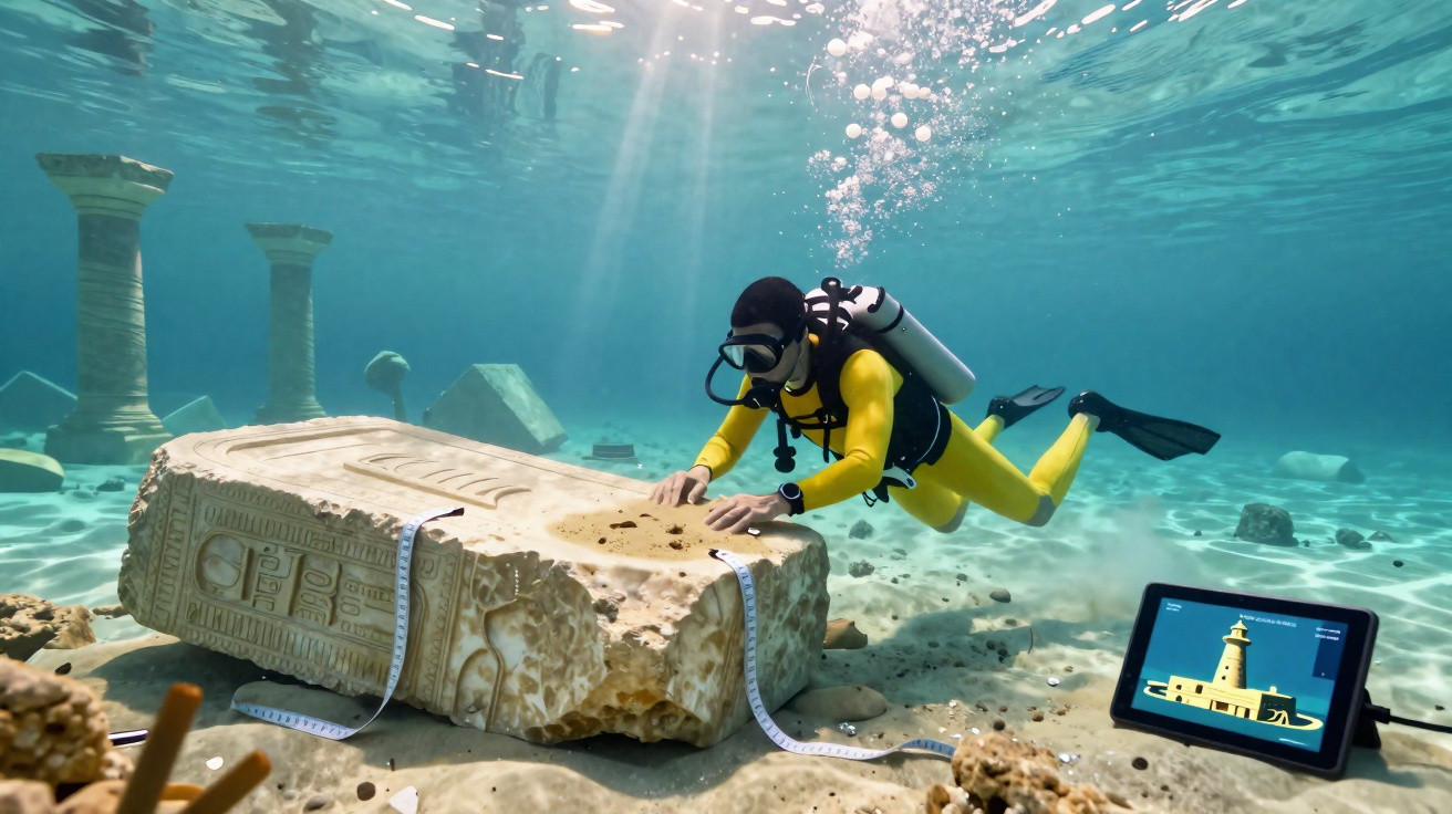 Mergulhador em equipamento completo a examinar uma pedra antiga submersa com inscrições egípcias.