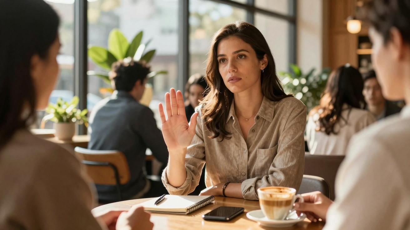 Mulher com expressão séria levanta a mão durante conversa numa mesa de café com outras pessoas.