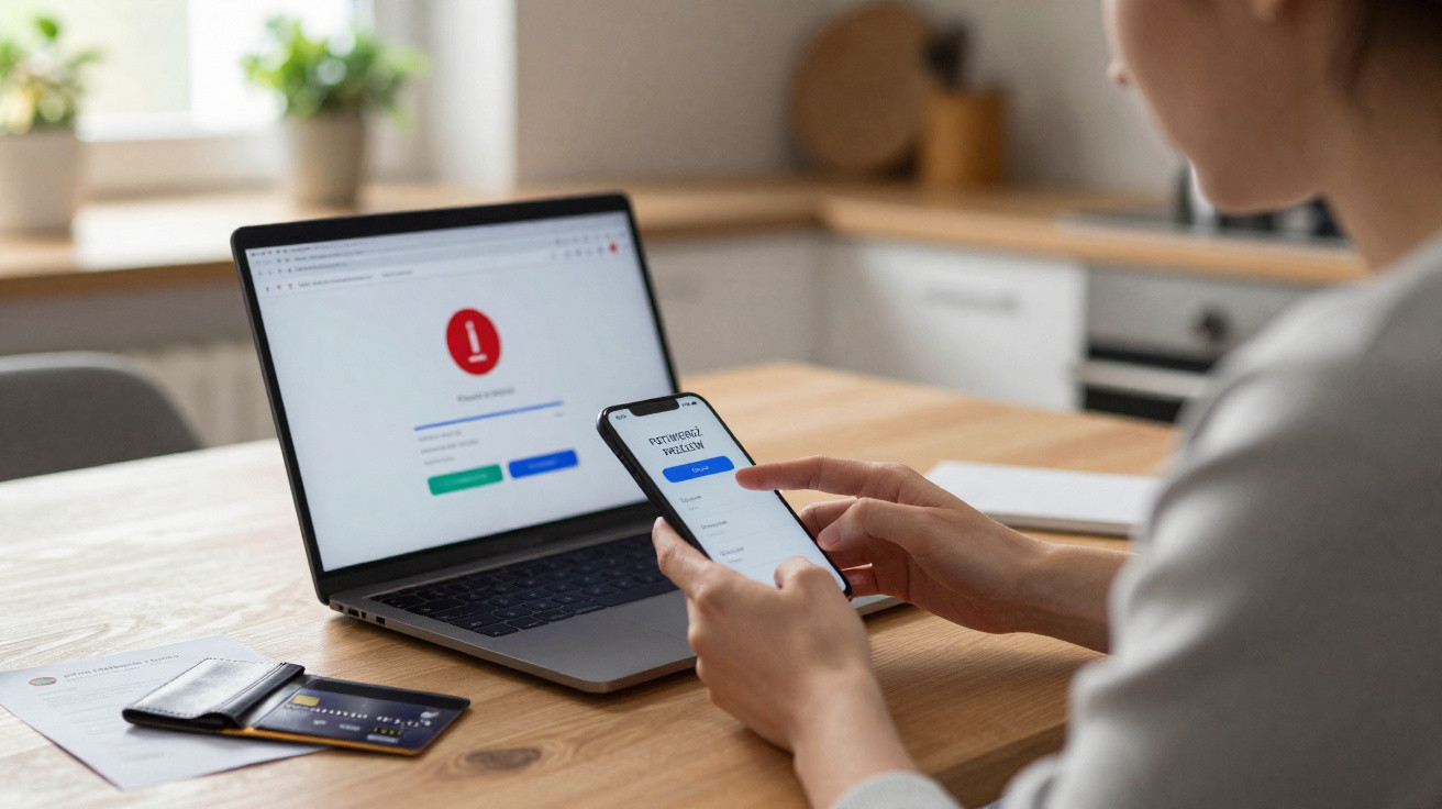 Pessoa a tentar aceder a conta online em telemóvel e portátil com aviso de erro no ecrã do portátil.