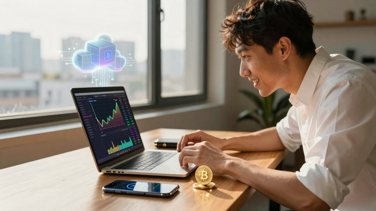 Homem a analisar gráficos de criptomoedas num portátil, com moeda Bitcoin e smartphone na mesa.