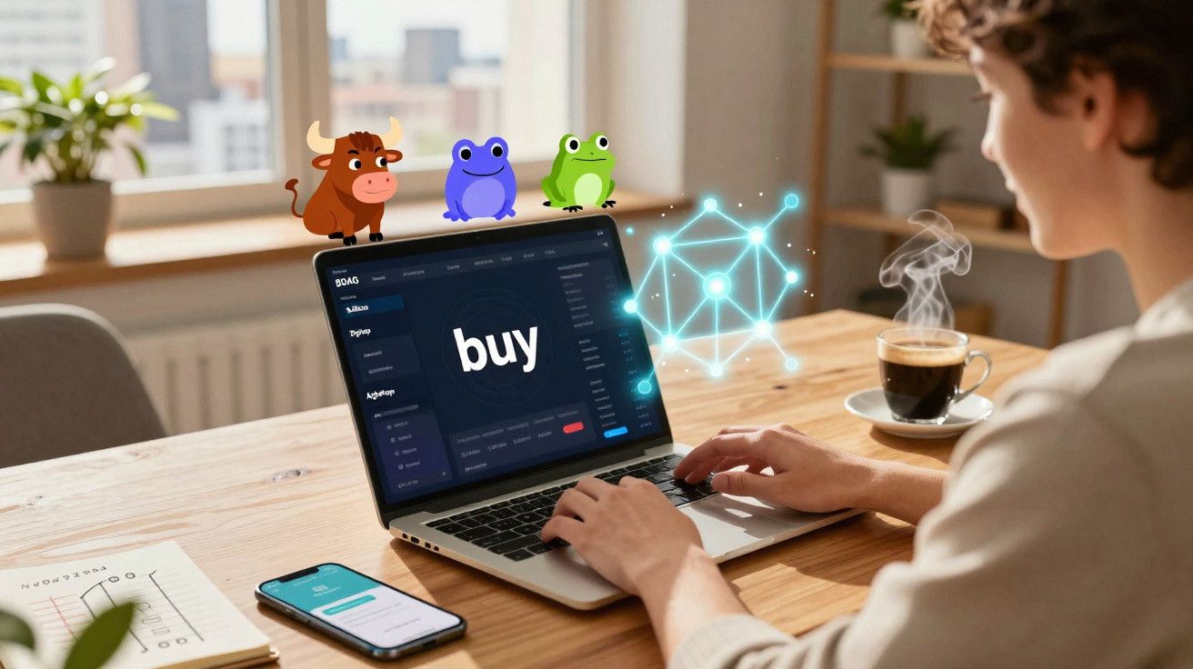 Pessoa a usar computador portátil com palavra "buy" e ilustrações digitais de animais e rede tecnológica.