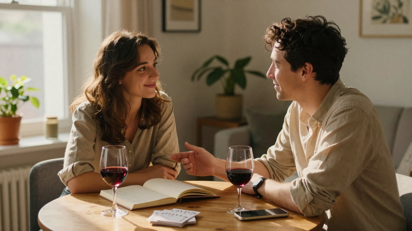 Casal sorridente conversa à mesa com livro aberto, cartas e copos de vinho tinto, em ambiente acolhedor.
