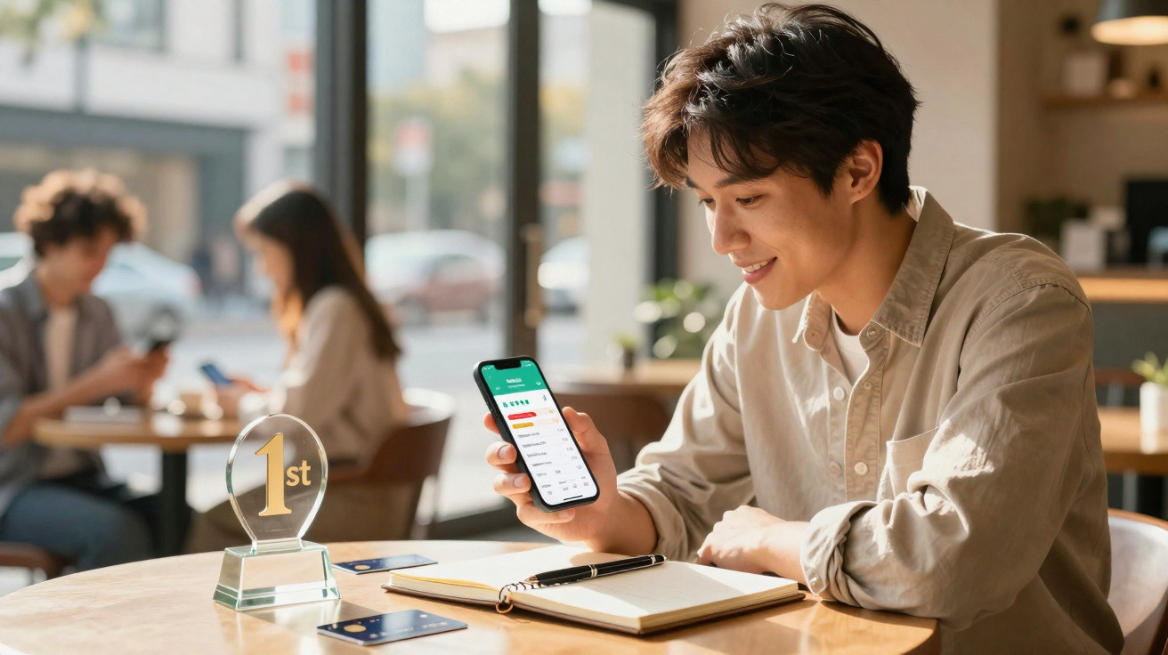 Jovem sorridente numa mesa de café a mostrar ecrã de telemóvel com classificação e troféu de 1º lugar à frente.
