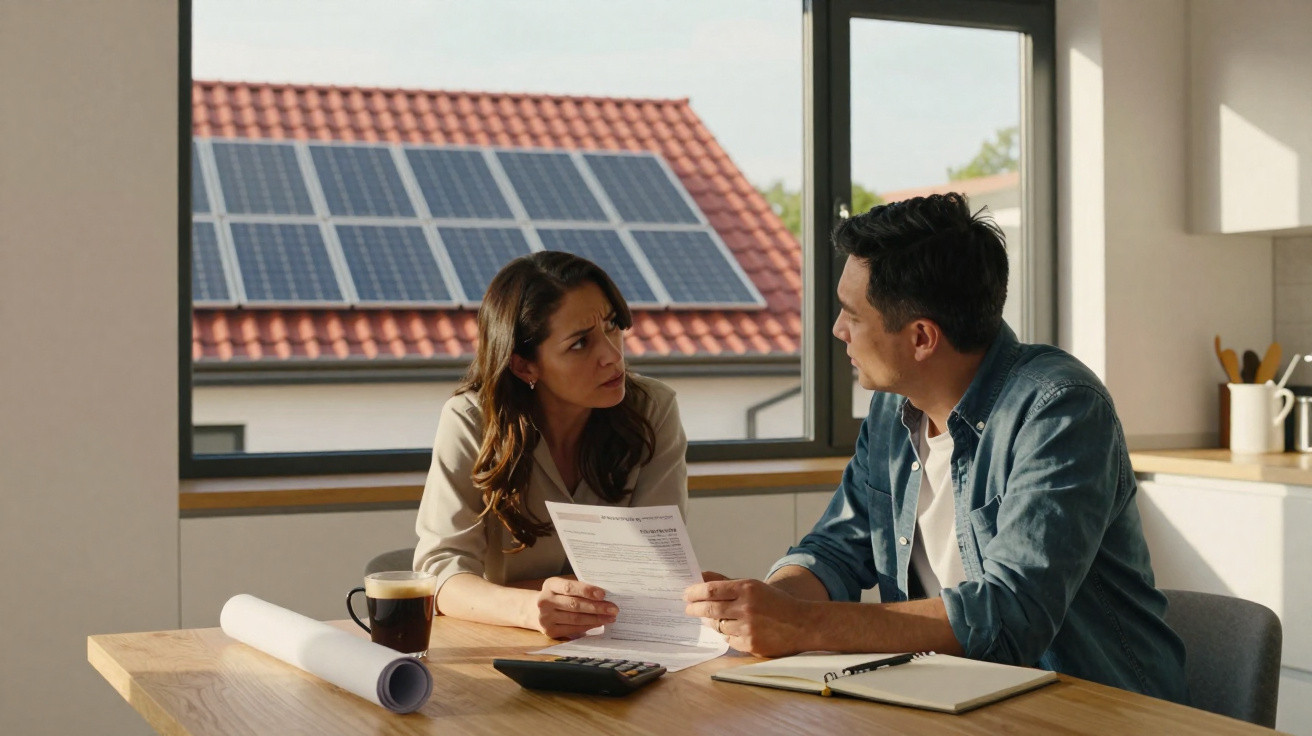 Casal a discutir contas numa mesa com painéis solares visíveis na casa ao lado.