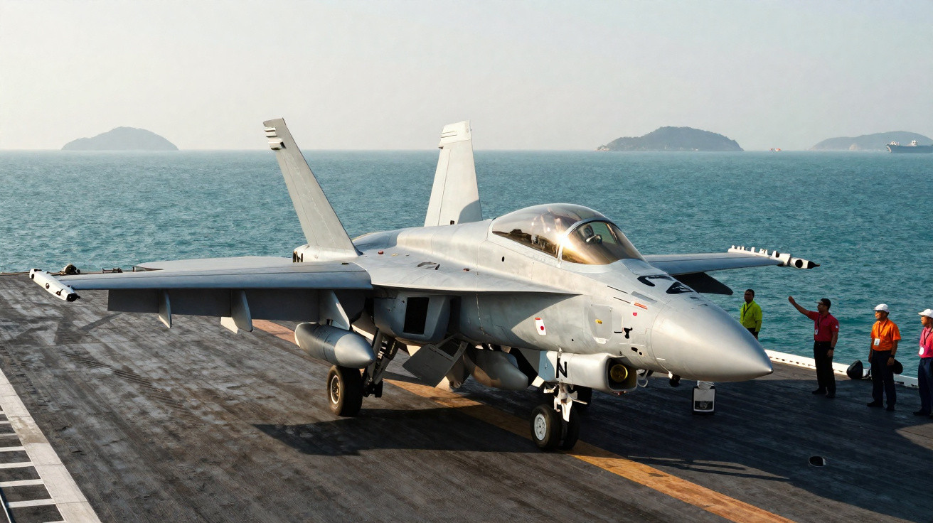 Caça militar cinzento numa plataforma de porta-aviões com mar e ilhas ao fundo e tripulação ao lado.