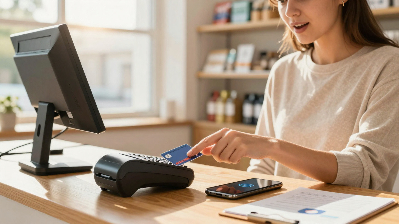 Mulher a usar cartão de crédito contactless num terminal de pagamento numa loja.