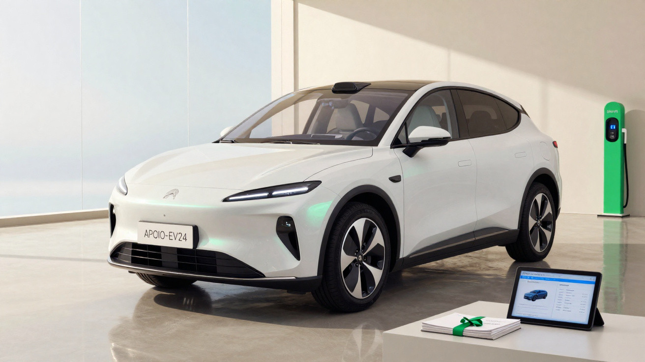 Carro elétrico branco estacionado em sala com carregador verde na parede e tablet em mesa branca.