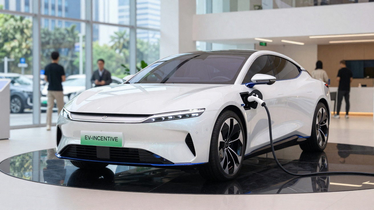 Carro eléctrico branco a ser carregado numa estação dentro de um showroom moderno com pessoas ao fundo.