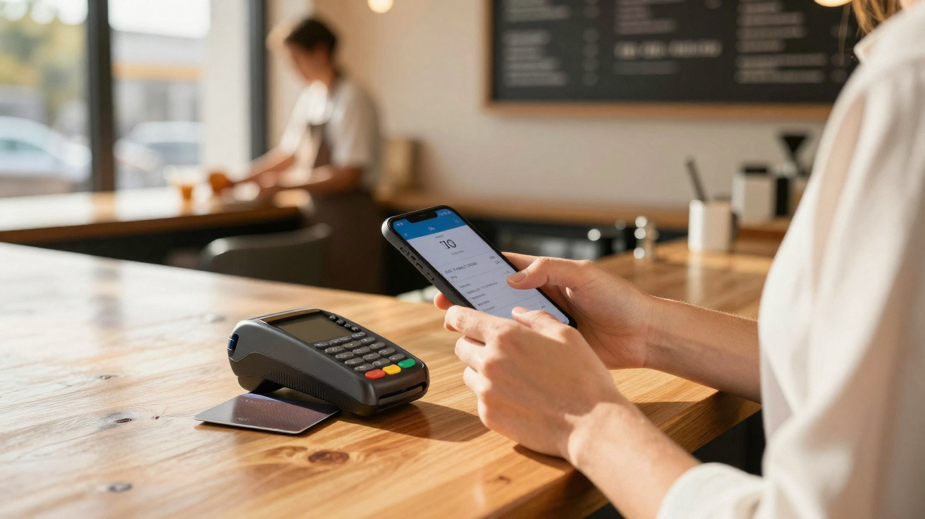 Pessoa a usar telemóvel para pagamento contactless num terminal POS numa mesa de madeira num café.