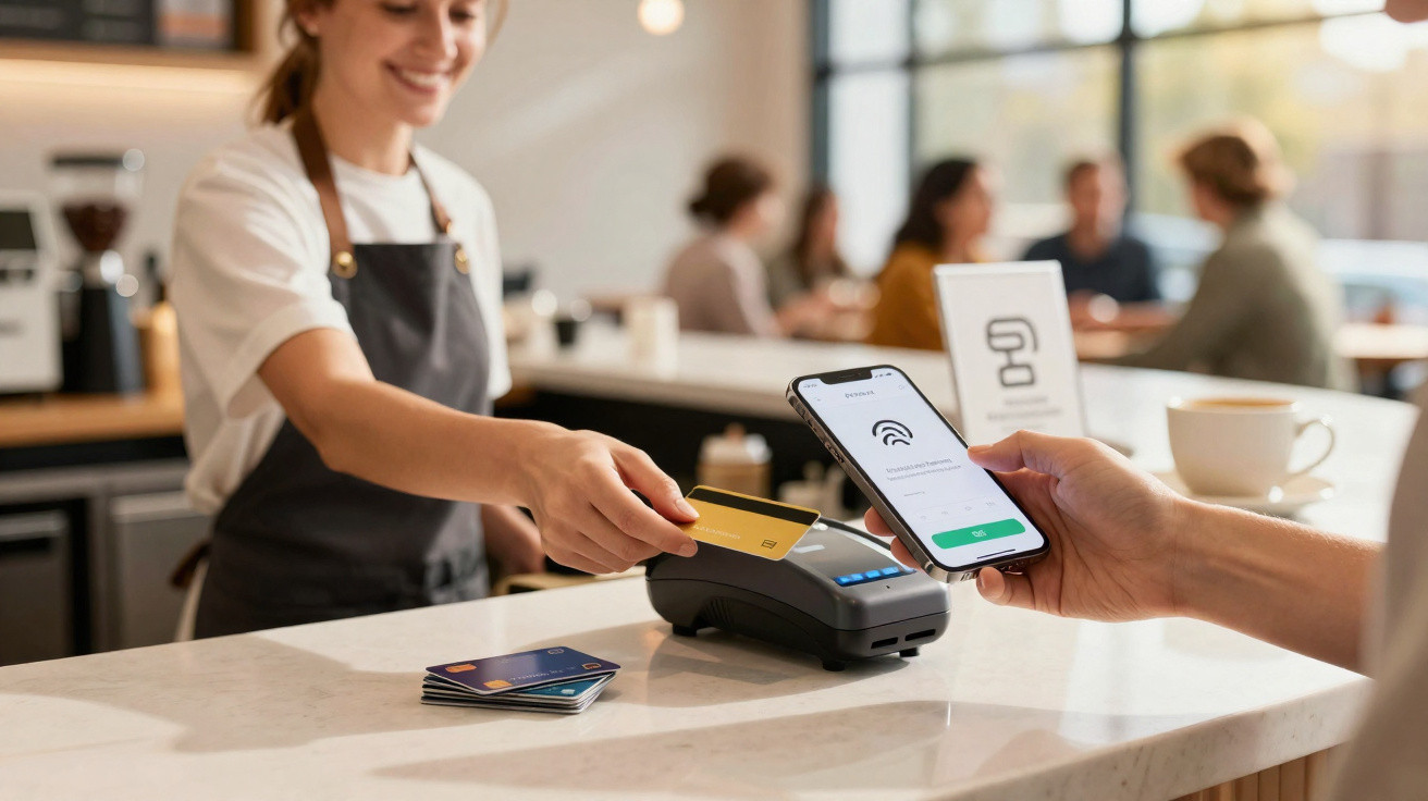 Cliente a pagar com telemóvel contactless numa cafetaria, empregada a segurar cartão de crédito no leitor.