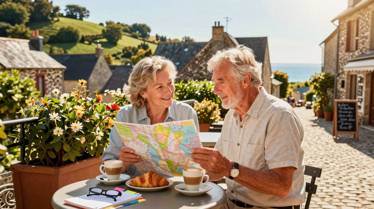 Casal sénior sentado ao ar livre numa esplanada, a consultar um mapa, com café e croissant à mesa.