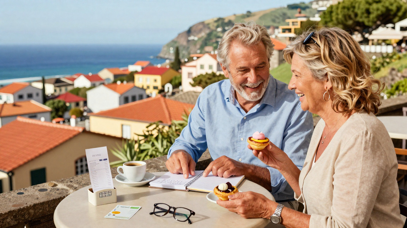 Casal sénior sorridente a tomar café e doces numa esplanada com vista para o mar e casas coloridas.