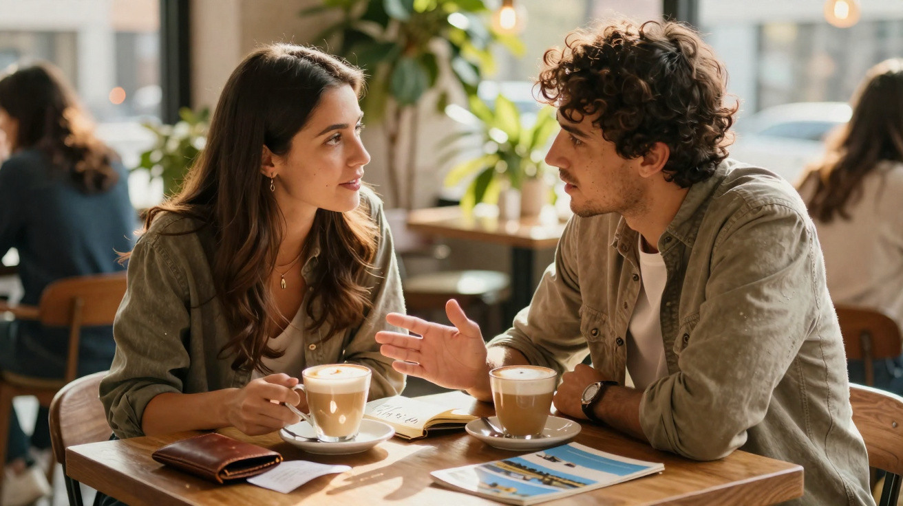 Casal jovem a conversar numa cafetaria com cafés e materiais de leitura sobre a mesa.