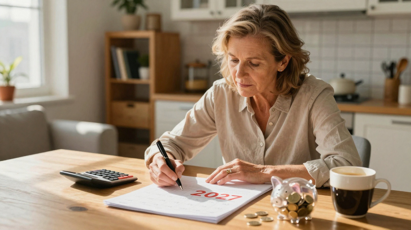 Mulher a planear finanças no calendário de 2027, com calculadora, mealheiro e café na mesa da cozinha.