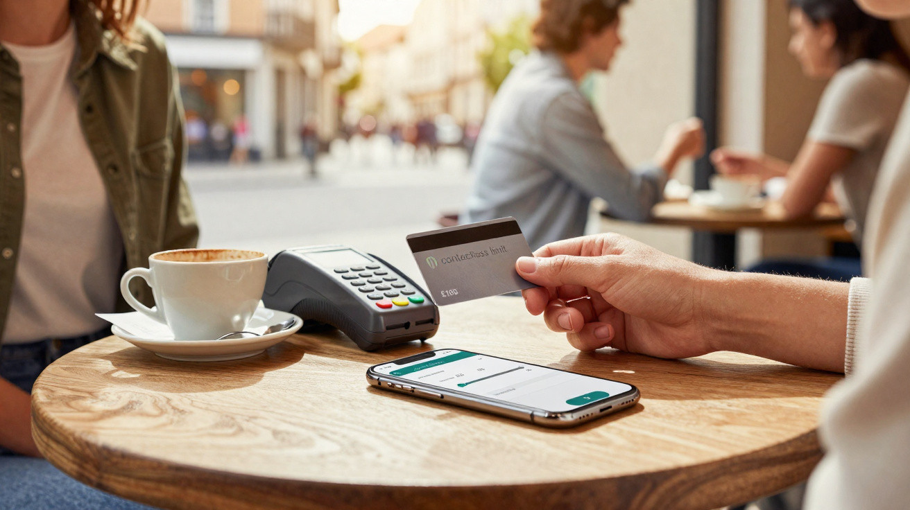 Pessoa a pagar com cartão contactless próximo de leitor, smartphone e chávena de café numa esplanada.