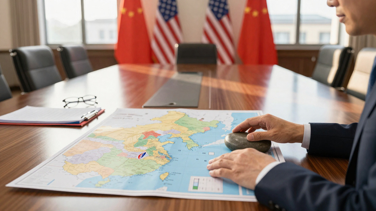 Pessoa em sala de reuniões segura pedra sobre mapa político da China, com bandeiras da China e EUA ao fundo.