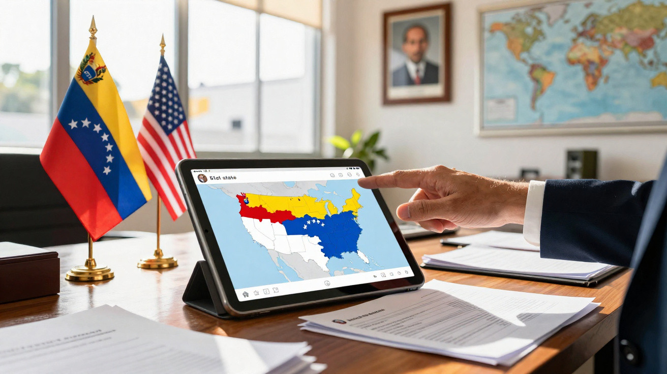 Mão apontando para tablet com mapa político da Venezuela, duas bandeiras (Venezuela e EUA) em secretária de escritório.