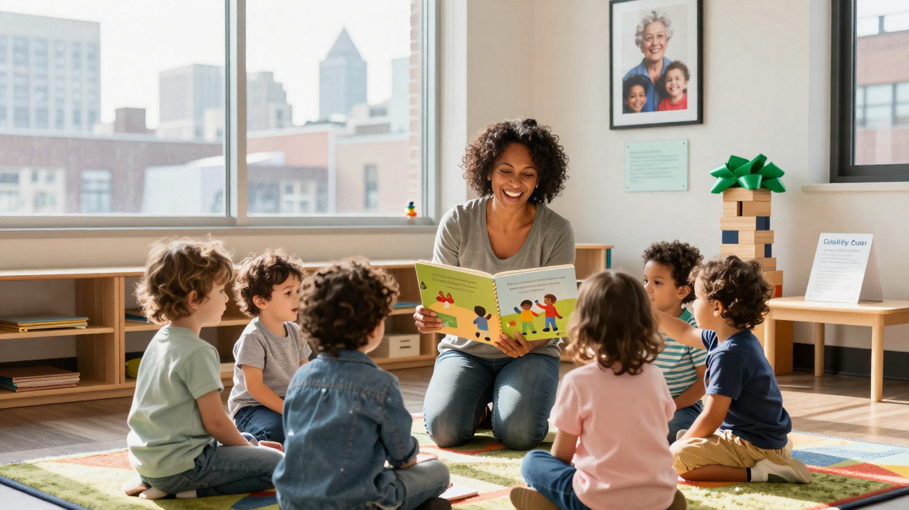 Mulher a ler livro para grupo de crianças sentadas em círculo numa sala iluminada por janelas grandes.