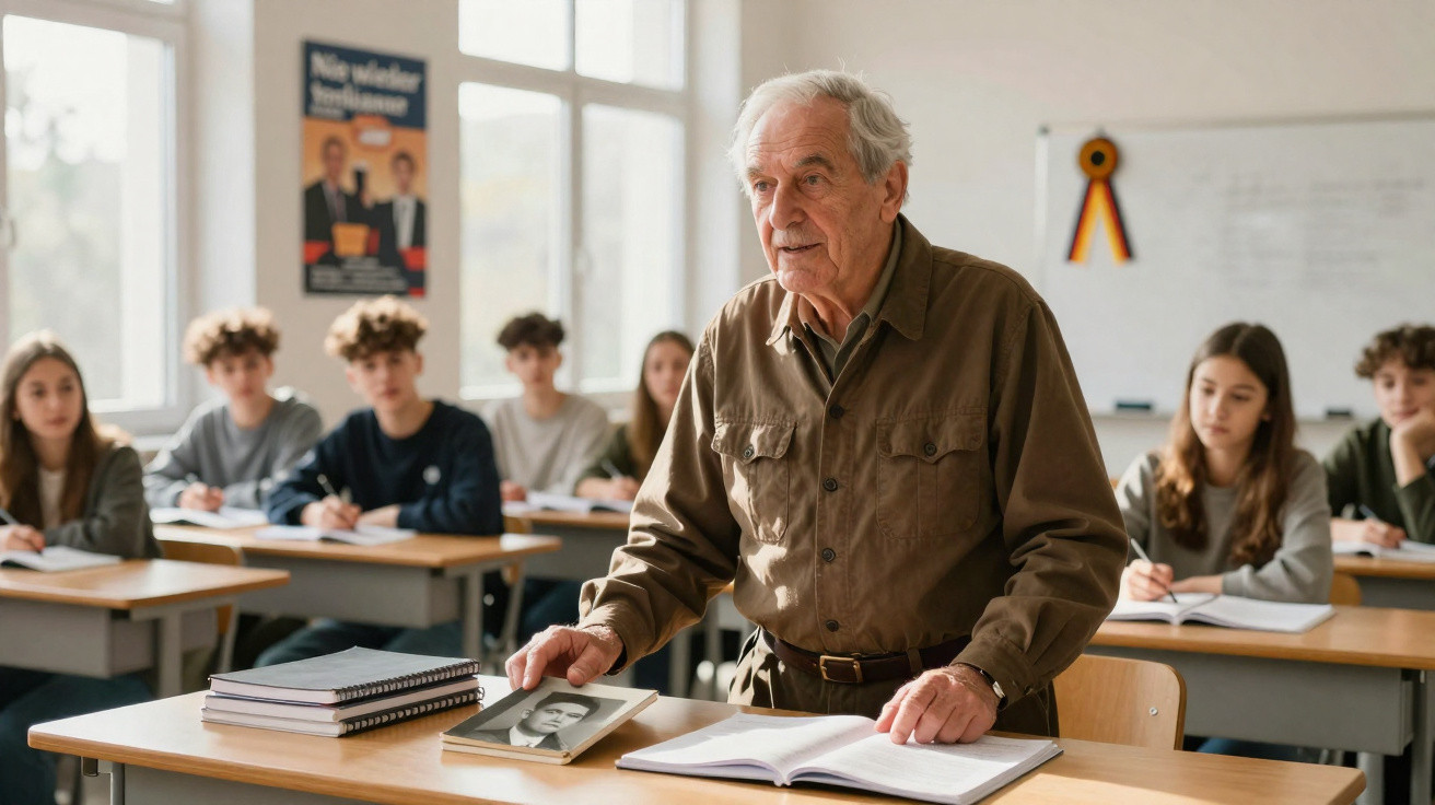 Professor idoso a dar aula em sala com estudantes atentos e cadernos sobre a mesa.