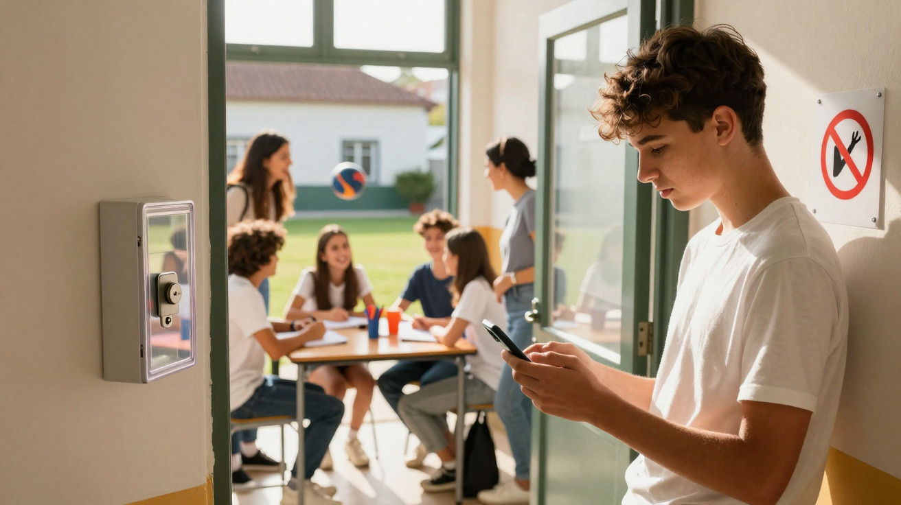 Jovem de pé no corredor olha para telemóvel enquanto grupo de adolescentes conversa numa sala iluminada.