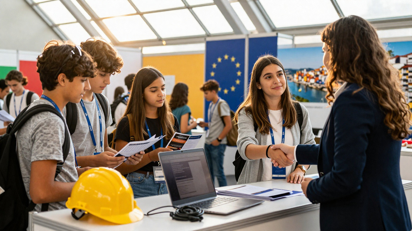 Jovens com crachás interagem num evento, com capacete amarelo e bandeira da União Europeia ao fundo.