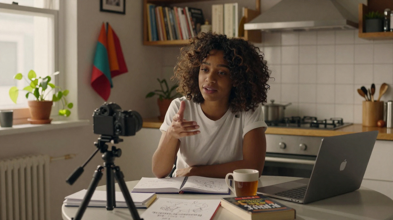 Mulher a gravar vídeo numa cozinha, sentada à mesa com cadernos, livros, chávena e computador portátil.