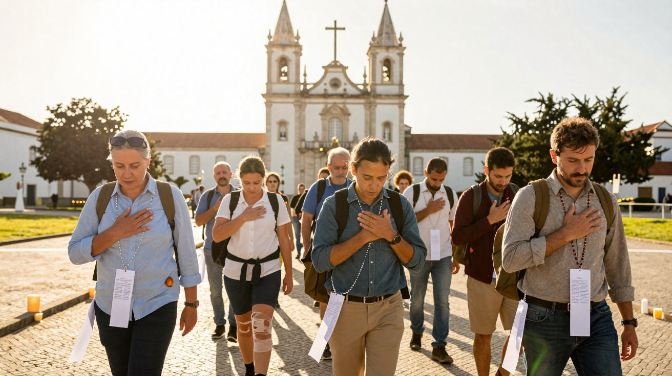 Grupo de peregrinos com terços na mão a caminhar em oração em frente a igreja histórica sob céu limpo.