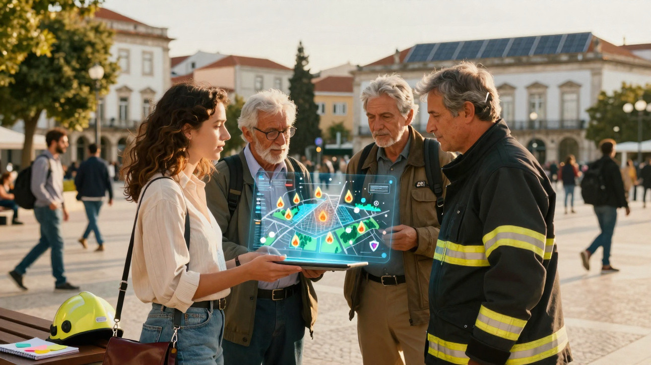 Grupo de pessoas observa mapa digital de incêndios florestais em praça pública durante o dia.