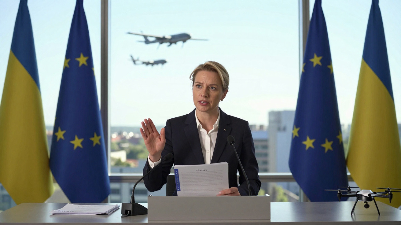 Mulher a discursar numa conferência com bandeiras da Ucrânia e União Europeia e drones a voar ao fundo.