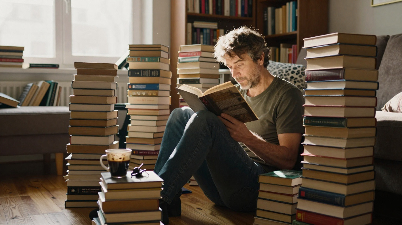Homem sentado no chão rodeado de pilhas de livros, lendo atentamente numa sala iluminada.