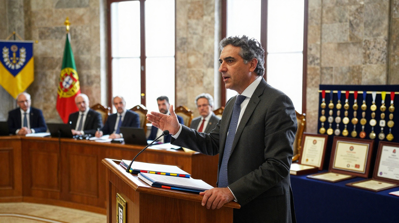 Homem de fato cinzento a discursar num pódio com bandeira de Portugal e certificados atrás numa sala oficial.