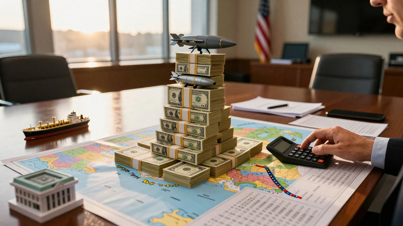Pilha de dinheiro com modelos de foguetes e barco sobre mapa, com mão usando calculadora numa mesa de reunião.
