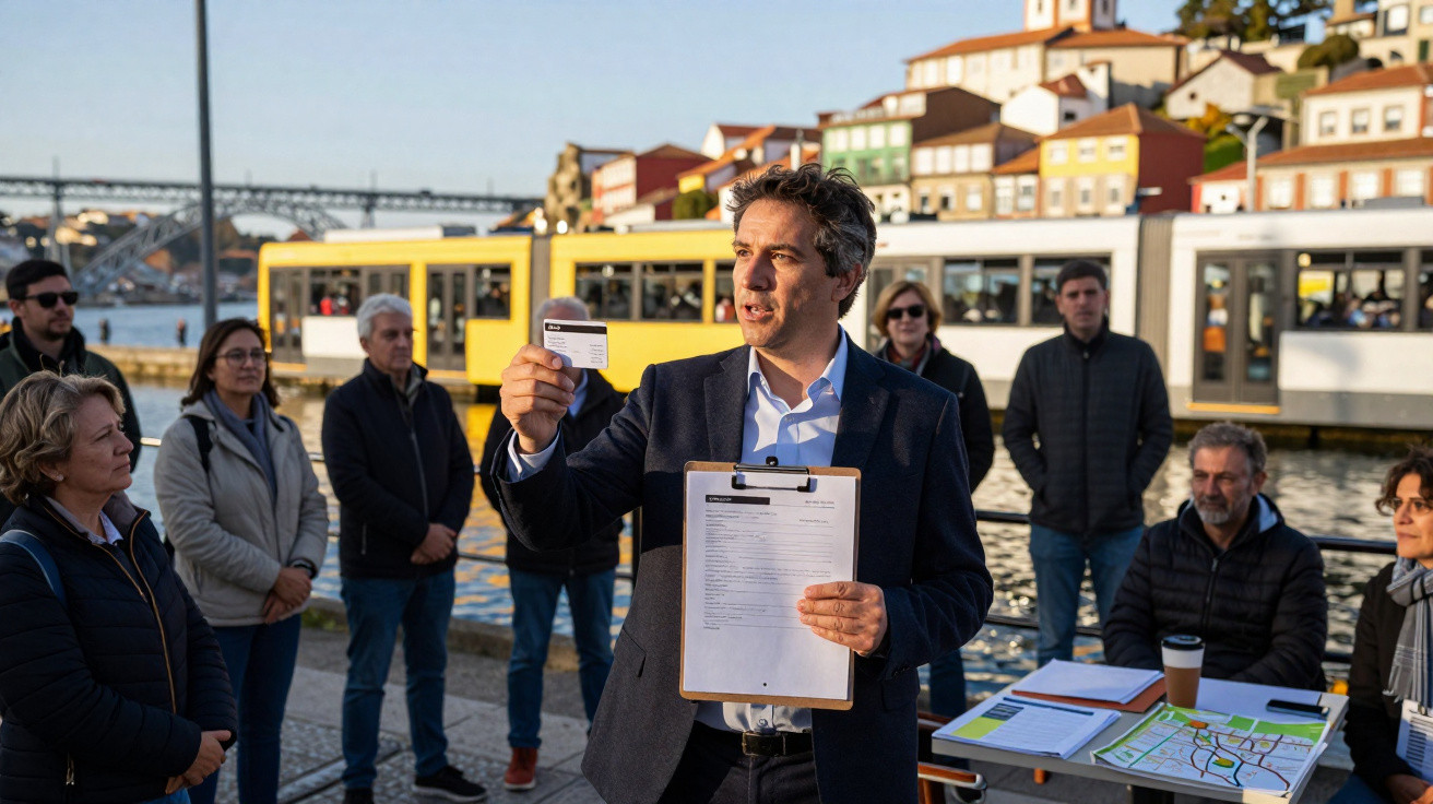 Homem apresenta cartão e papel diante de grupo junto a rio, elétrico amarelo e casas coloridas ao fundo.