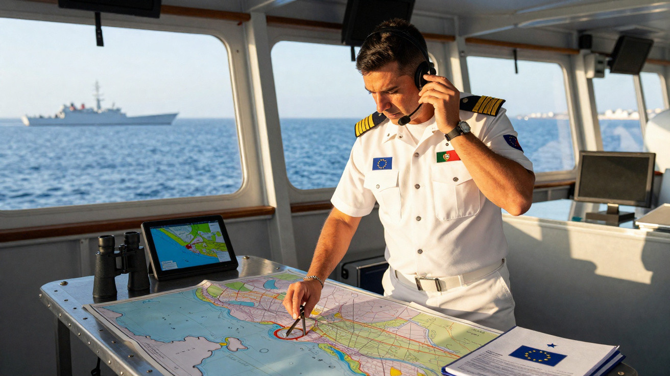 Oficial naval português em uniforme branco a consultar mapa marítimo e a comunicar por rádio na ponte de comando de um navio.