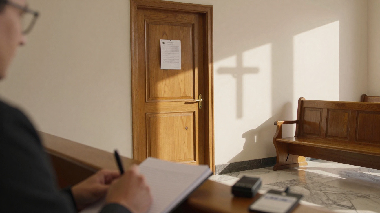 Pessoa a escrever num caderno com uma porta de madeira e sombra de cruz numa parede branca ao fundo.