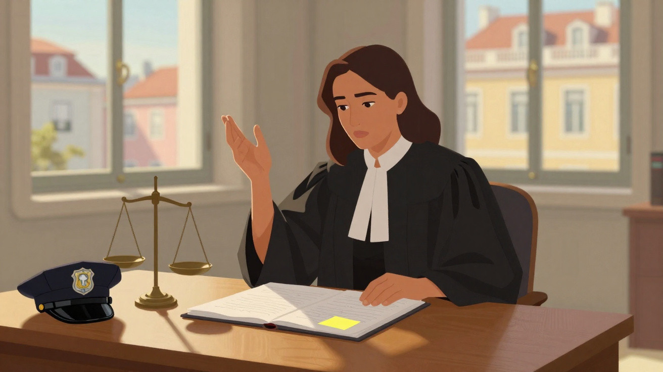 Advogada com toga a ler documentos numa sala luminosa, com balança da justiça e chapéu policial na mesa.