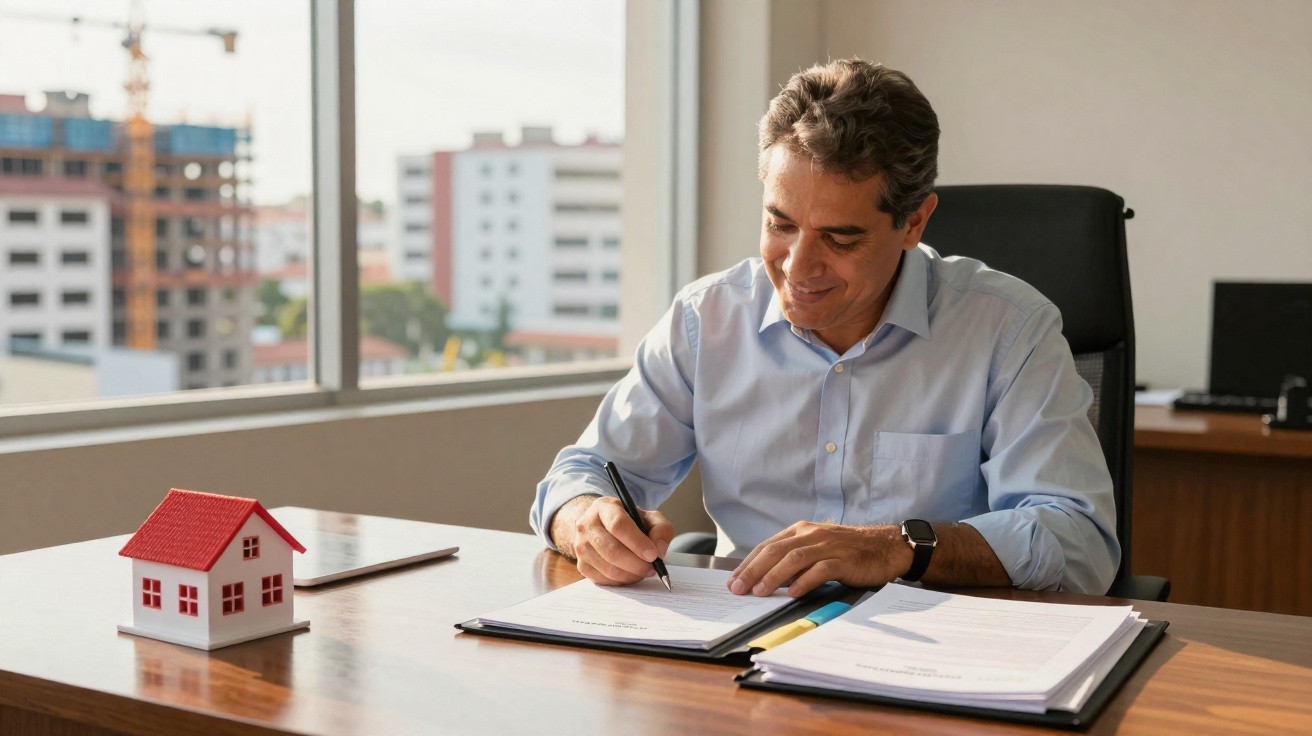 Homem a assinar documentos numa mesa de escritório, com maquete de casa e vista para edifícios ao fundo.