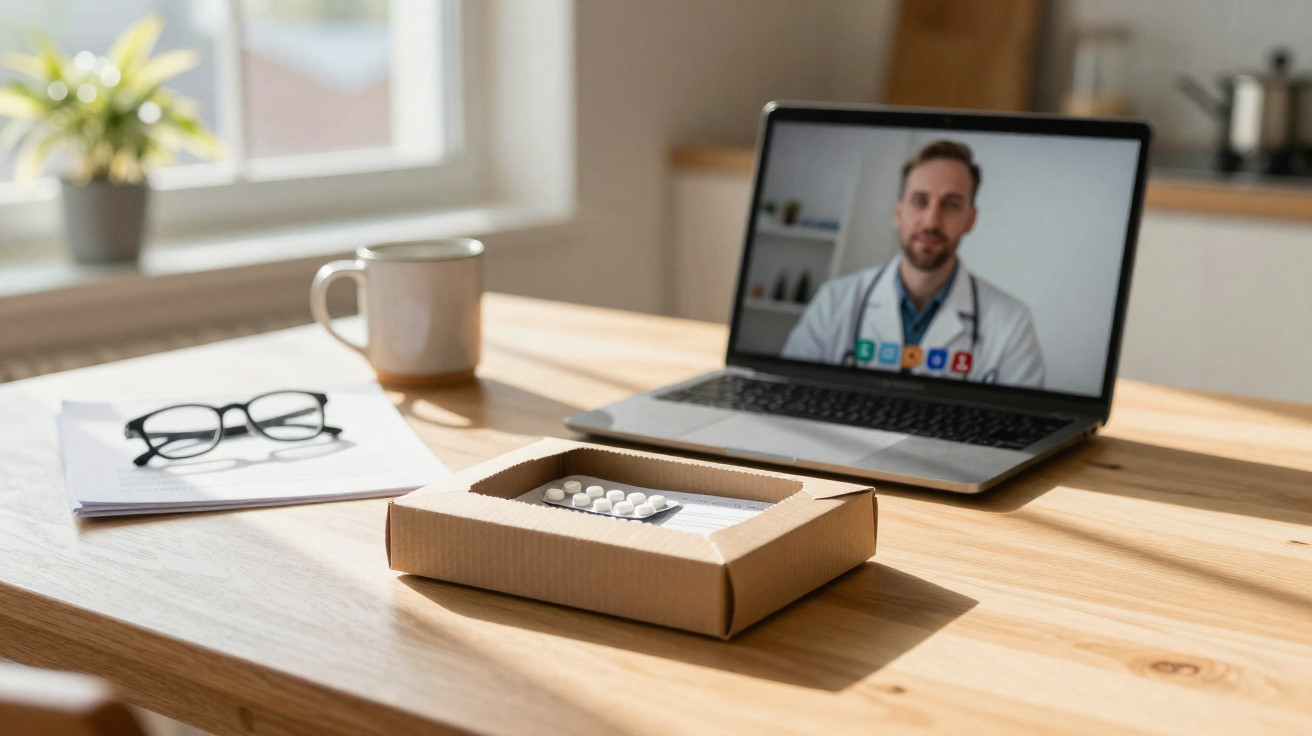 Mesa com medicamentos, óculos, chávena e laptop com consulta médica por videoconferência aberta.