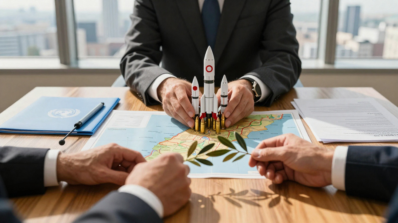 Pessoas de fato à mesa com mapa, miniaturas de mísseis e ramos de oliveira simbolizando guerra e paz.