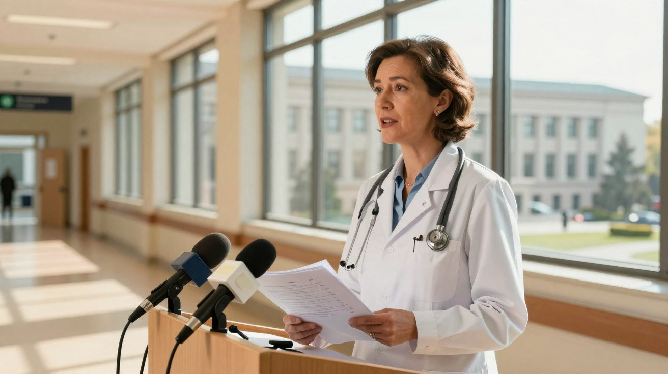Médica a falar para microfones em conferência de imprensa num corredor de hospital iluminado.