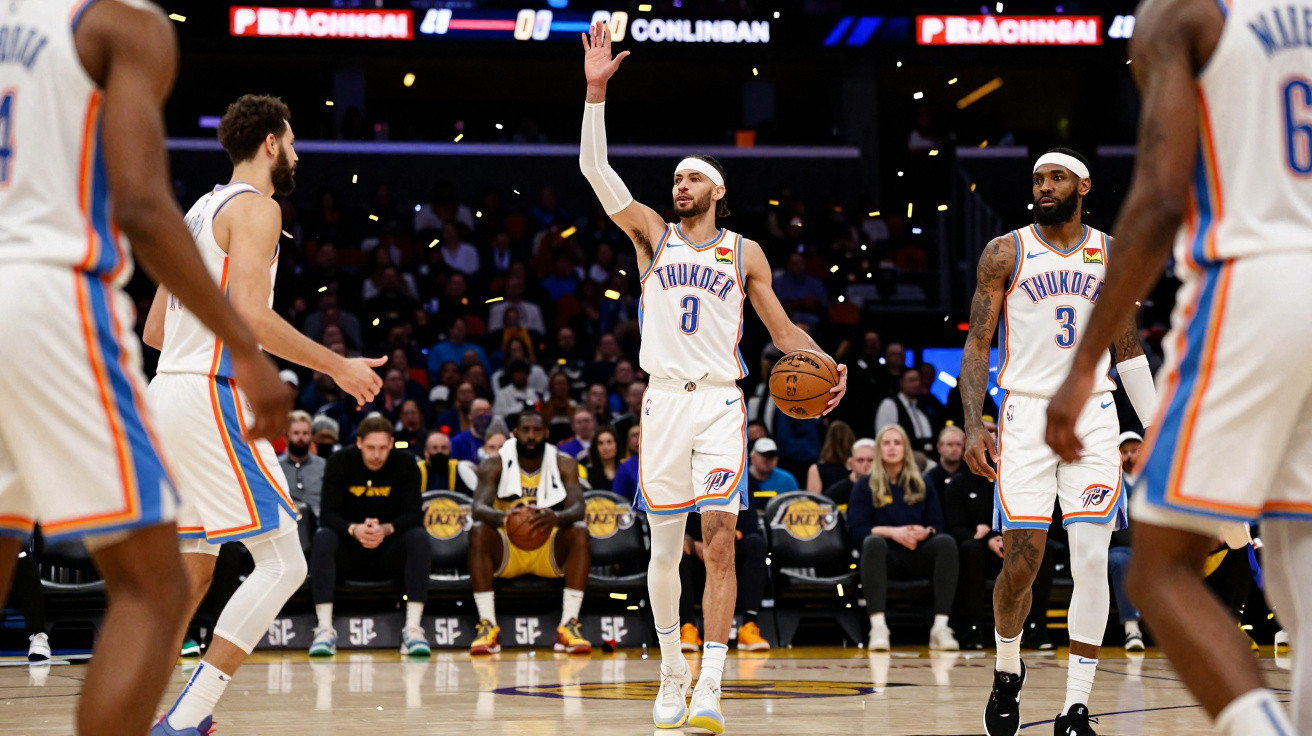 Jogadores do Oklahoma City Thunder em jogo de basquetebol contra Los Angeles Lakers com público no fundo.